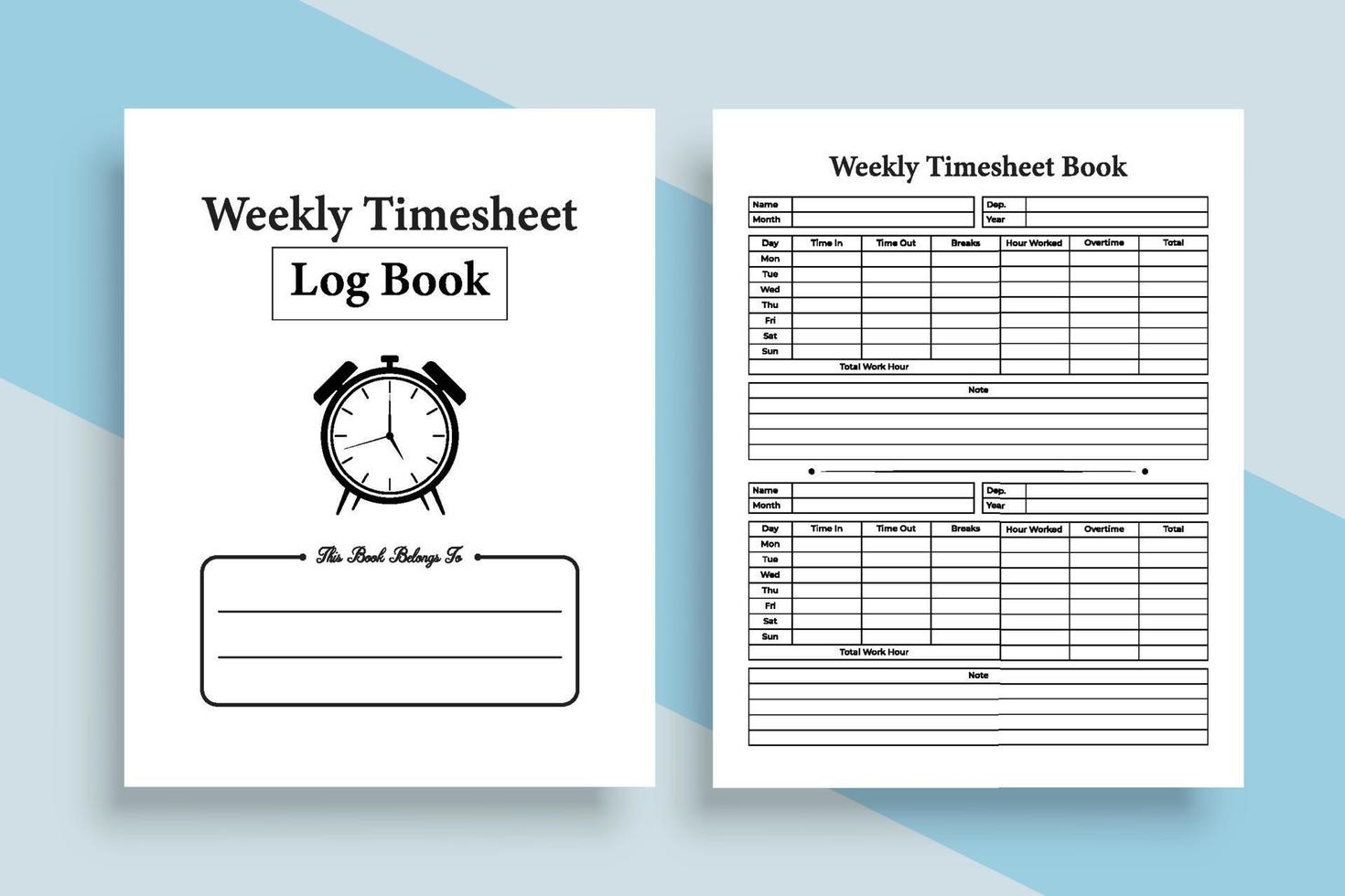 Weekly timesheet notebook interior. Office employee incoming and outgoing time tracker journal template. Interior of a log book. Weekly office time management and work time tracker notebook. vector