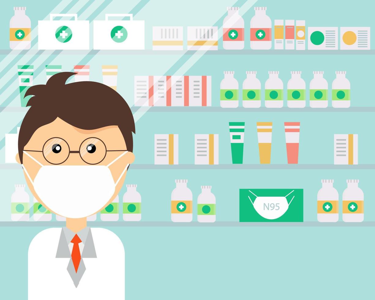 Man pharmacist wears mask in a pharmacy. Shelves with medicines background. Cartoon vector style for your design.