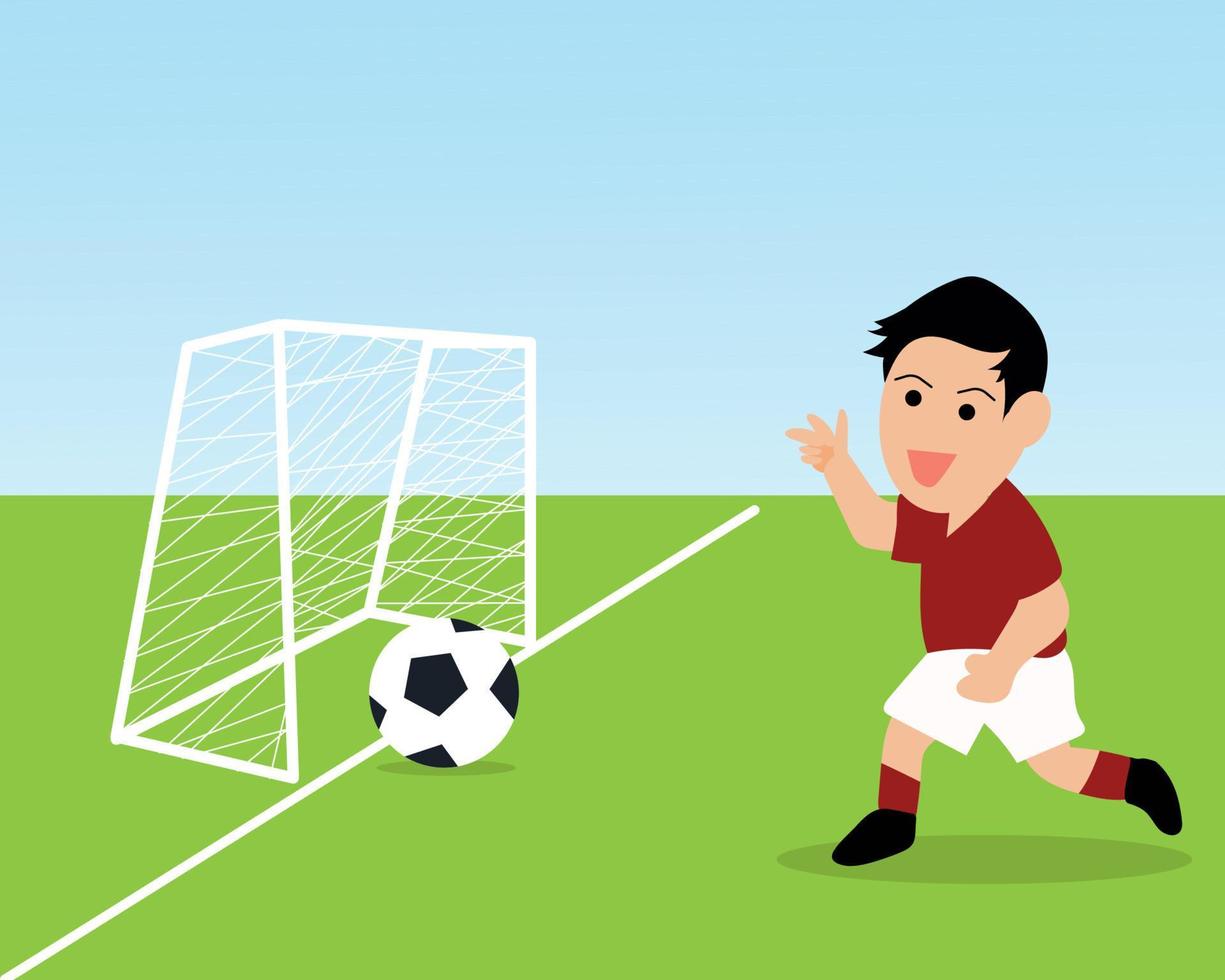 lindo joven y feliz niño está jugando al fútbol. él está lanzando una pelota a portería. estilo de vector de dibujos animados para su diseño