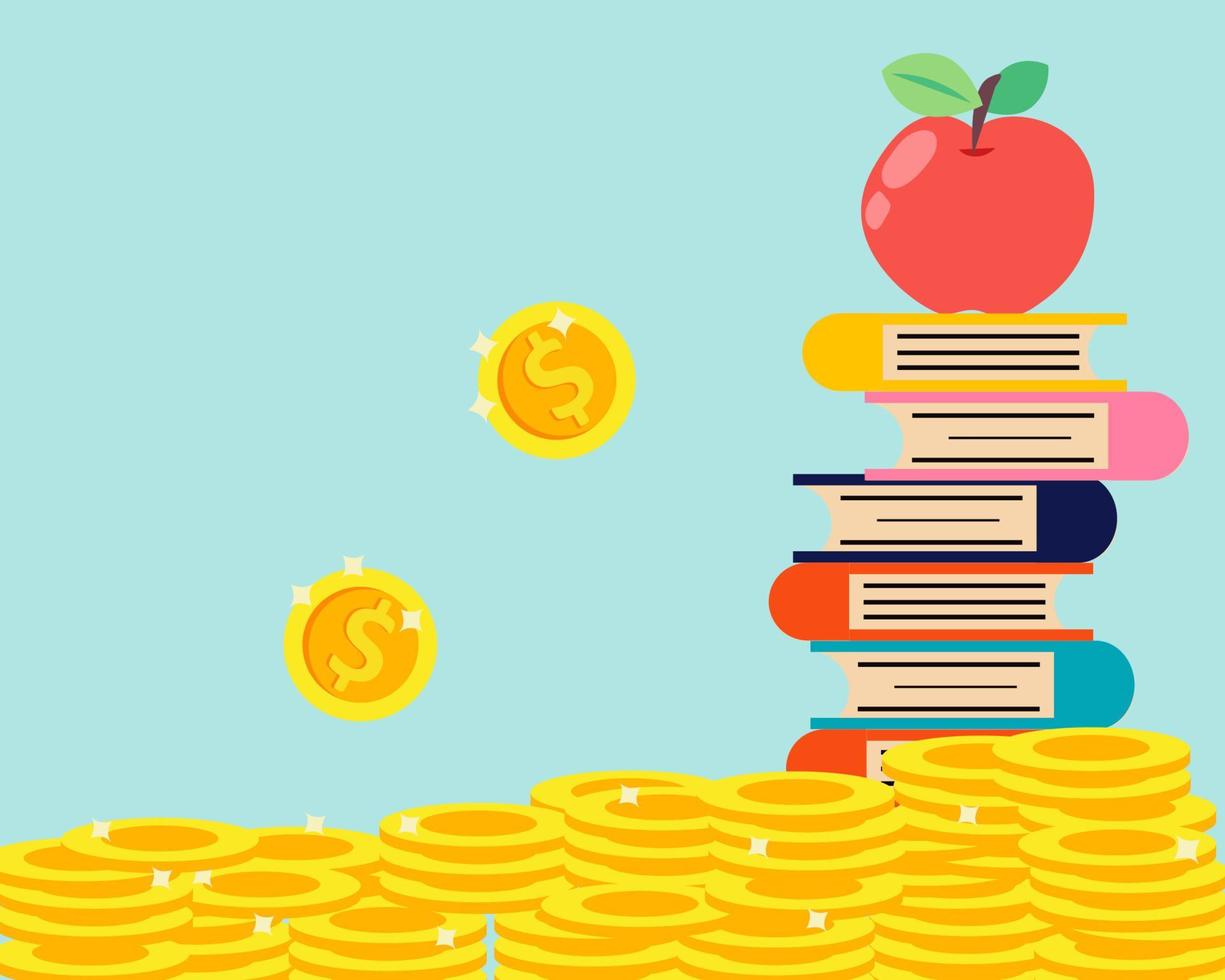 concepto de educación en estilo de vector de dibujos animados. pila de monedas de oro y libro con manzana roja para tu diseño