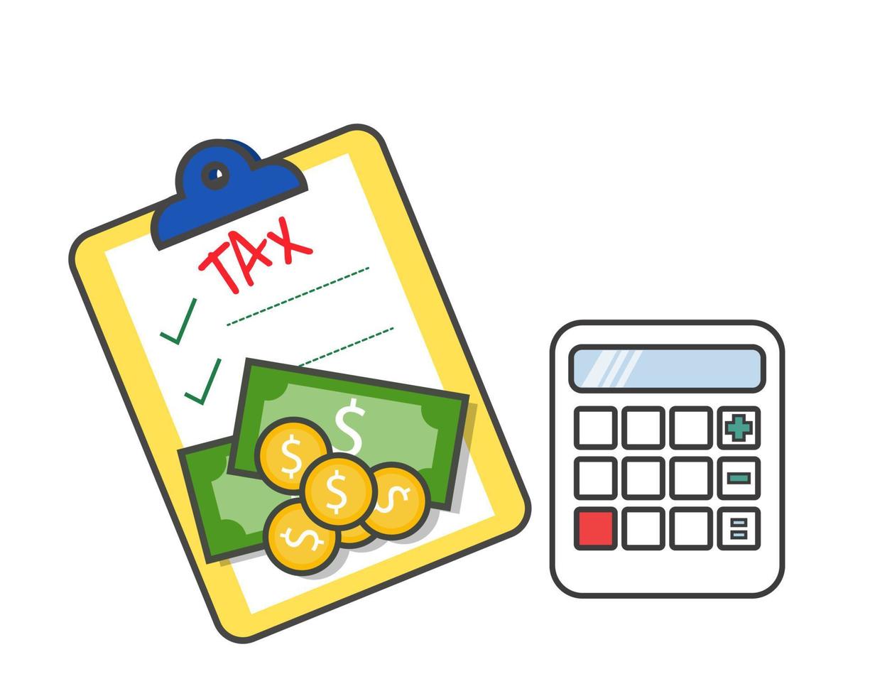 top view of Calculator with money coins and paper TAX word on it. Cartoon vector style for your design