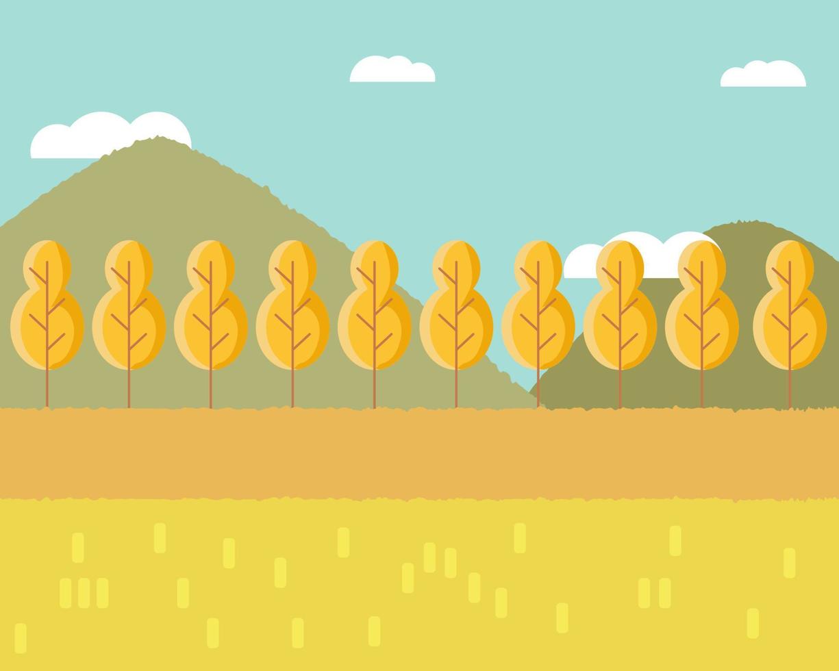 Autumn view concept. There are many orange or yellow tree, hills, cloud with blue sky. Cute vector style for your design.