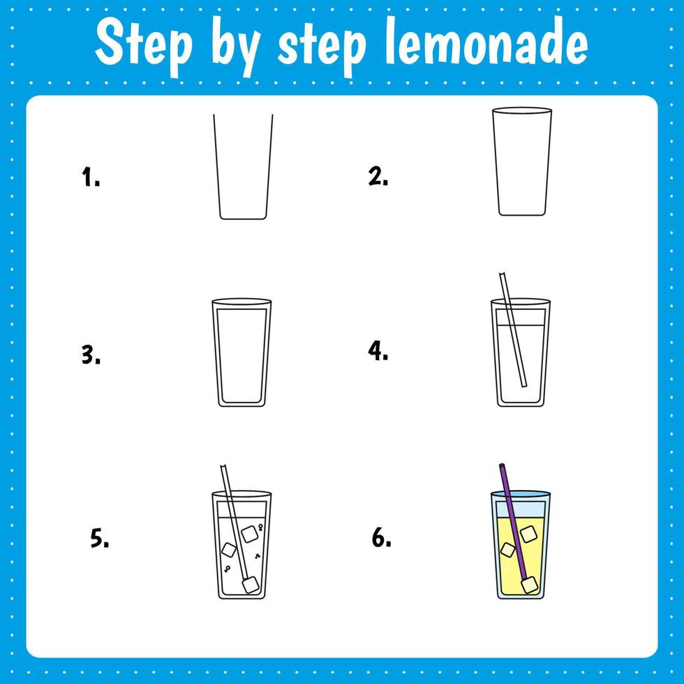 Step by step drawing. Lemonade. Educational worksheet vector