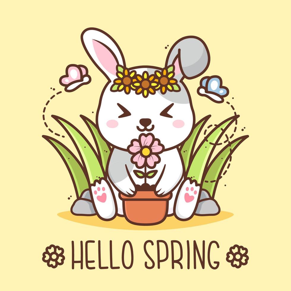 hello spring with cute rabbits with pot of flower vector