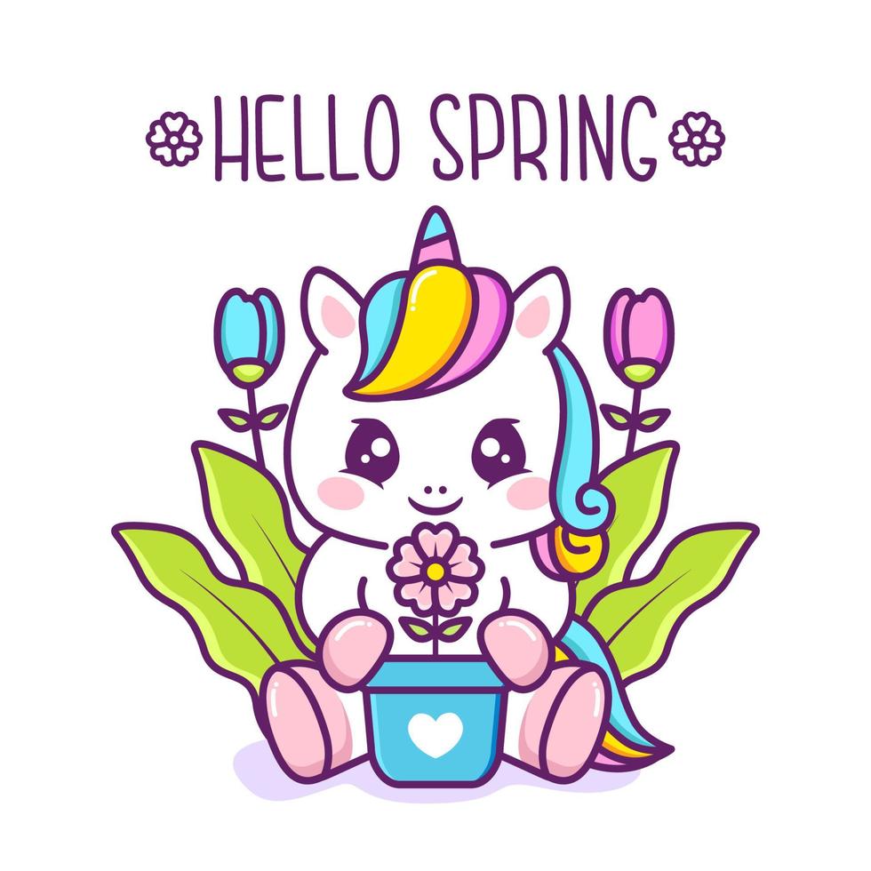 cute happy unicorn with a pot of flower vector
