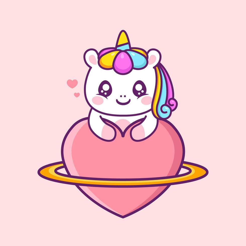 cute unicorn with planet heart vector
