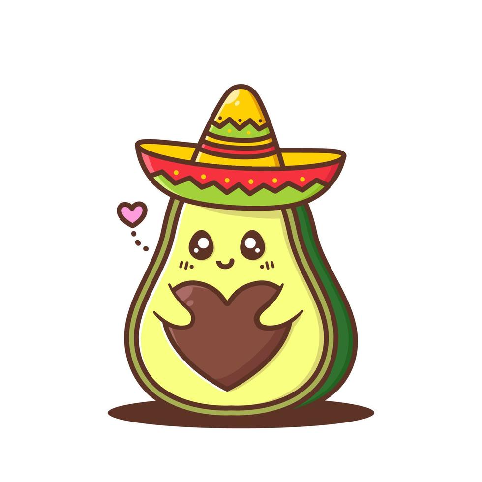 cute avocado waring sombrero with seed shaped heart vector