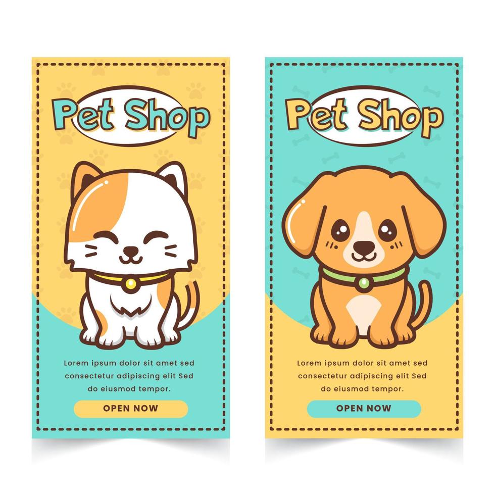 cute pet shop banner with cat and puppy character vector