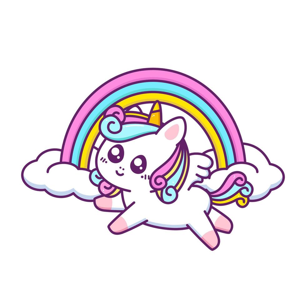 cute happy unicorn flying with rainbow vector