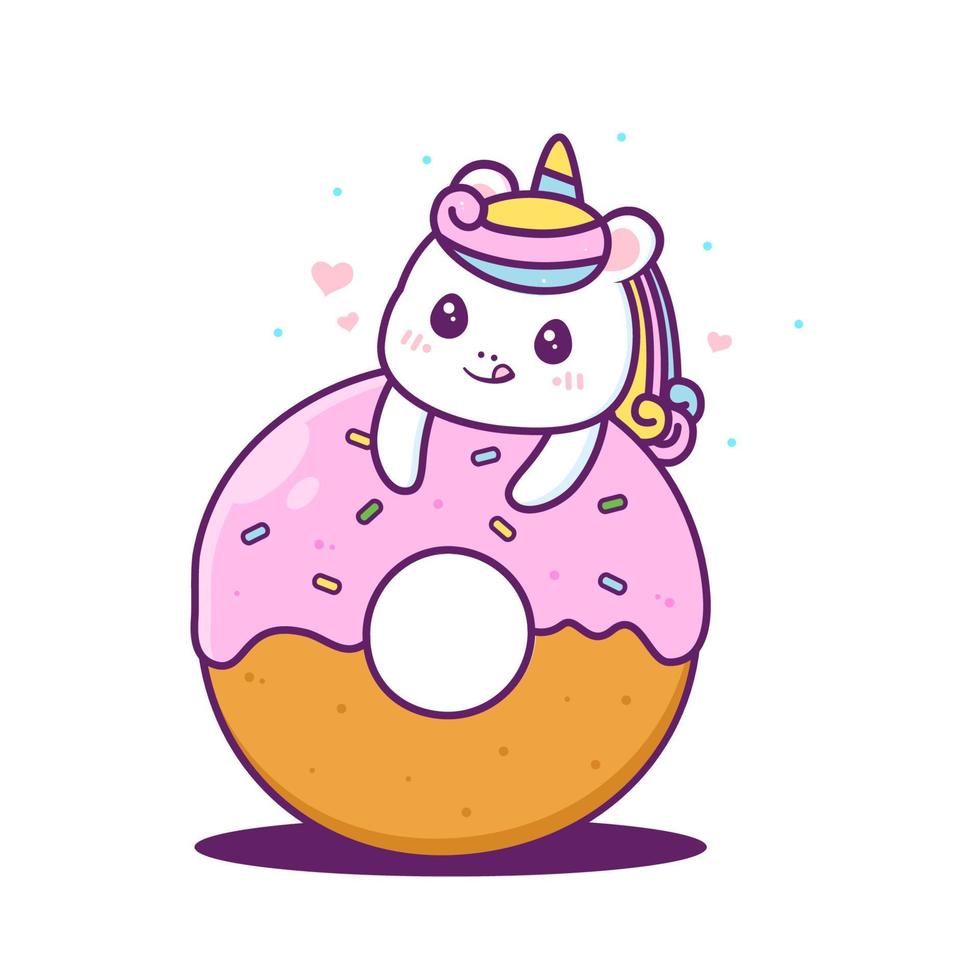 lindo unicornio con donut rosa vector