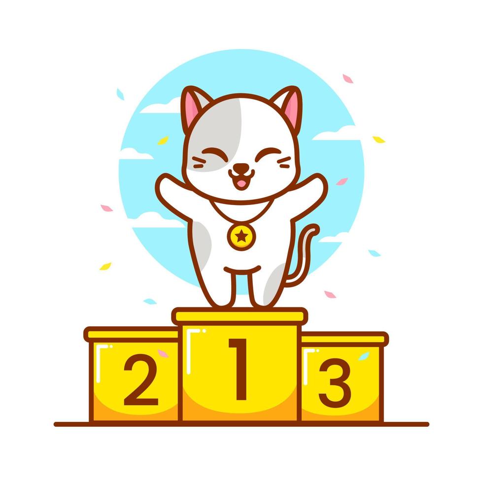 lindo gato en podio con medalla de oro vector