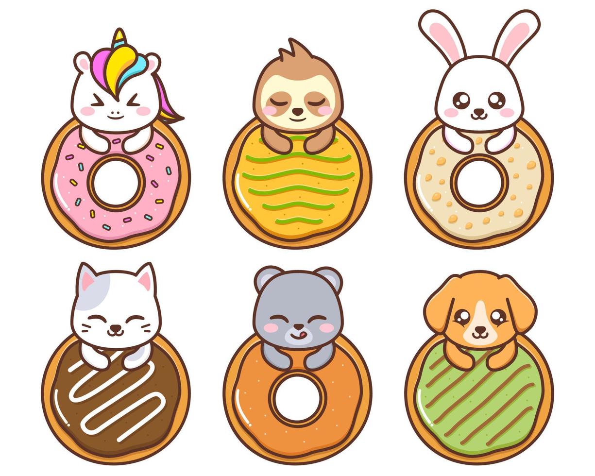 cute animals with various doughnut vector