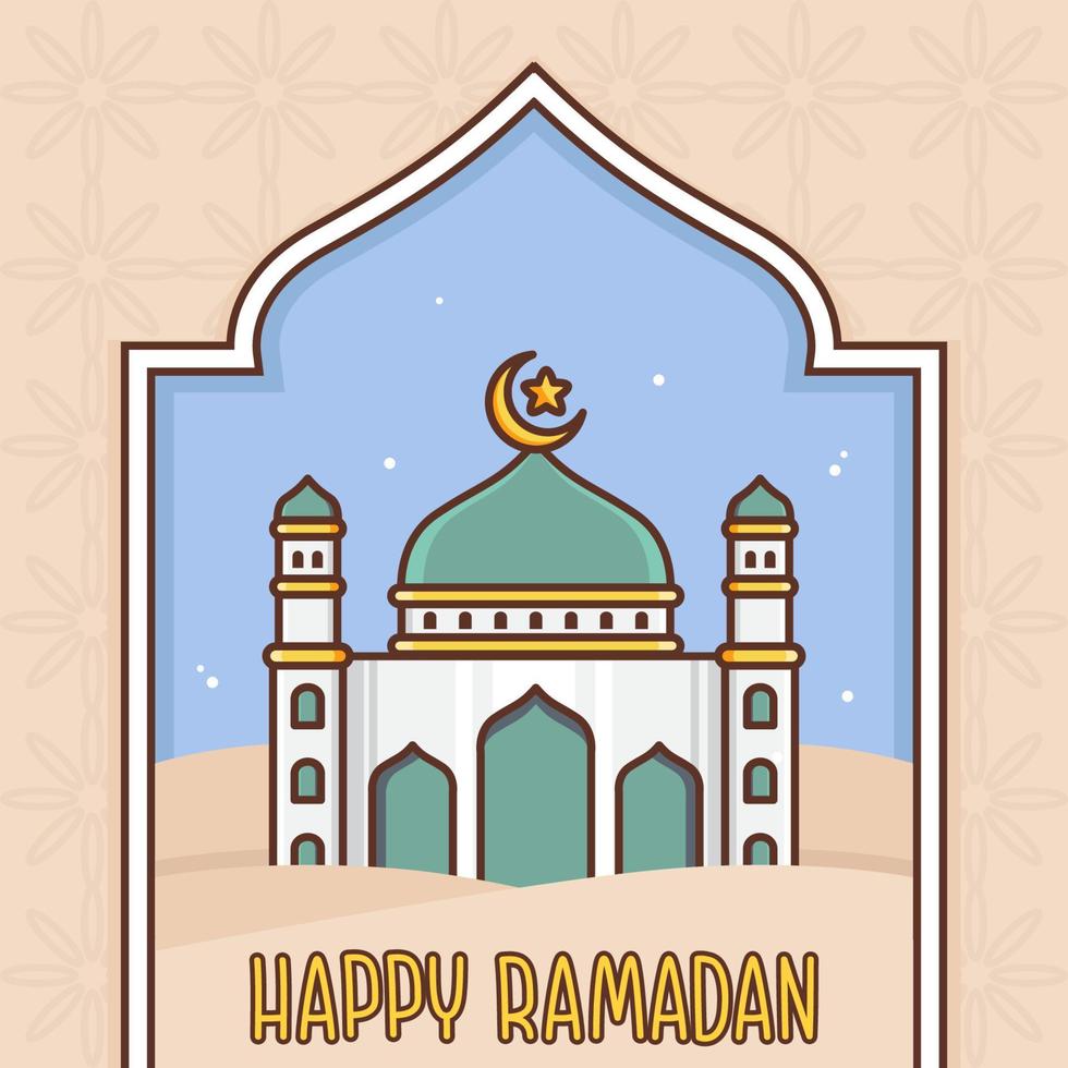 happy ramadan illustration with mosque and pattern vector