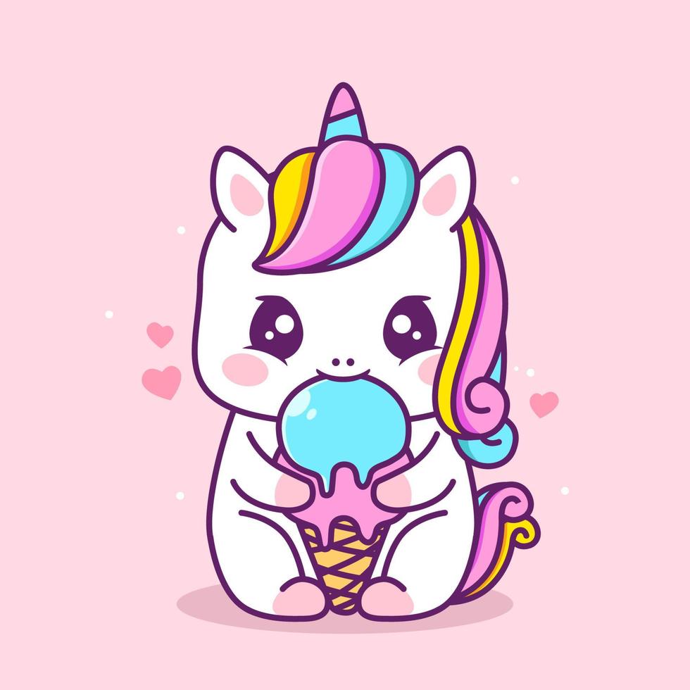 cute happy unicorn eating ice cream vector