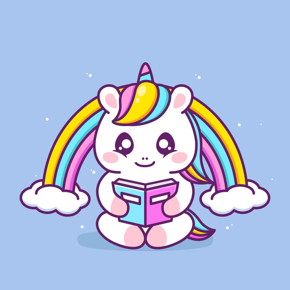 lindo libro de lectura de unicornio feliz con arco iris vector