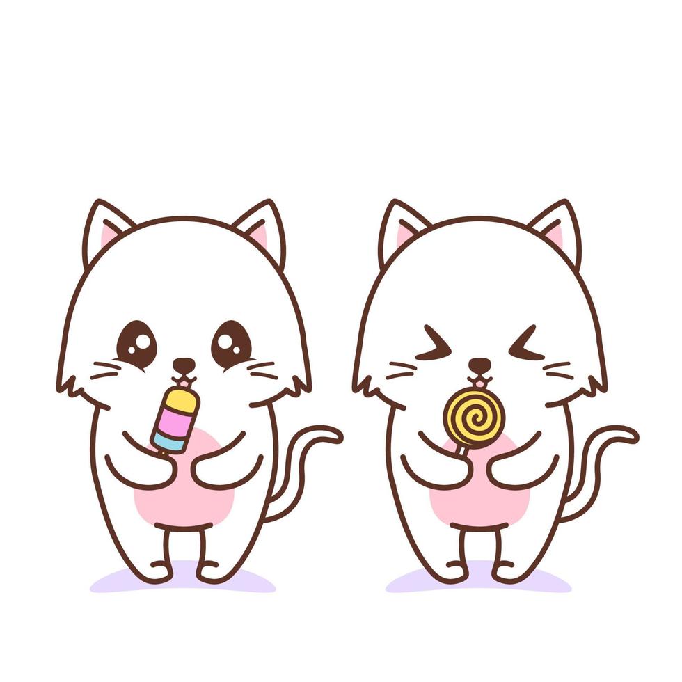 cute happy cat licking lolipop and ice cream vector