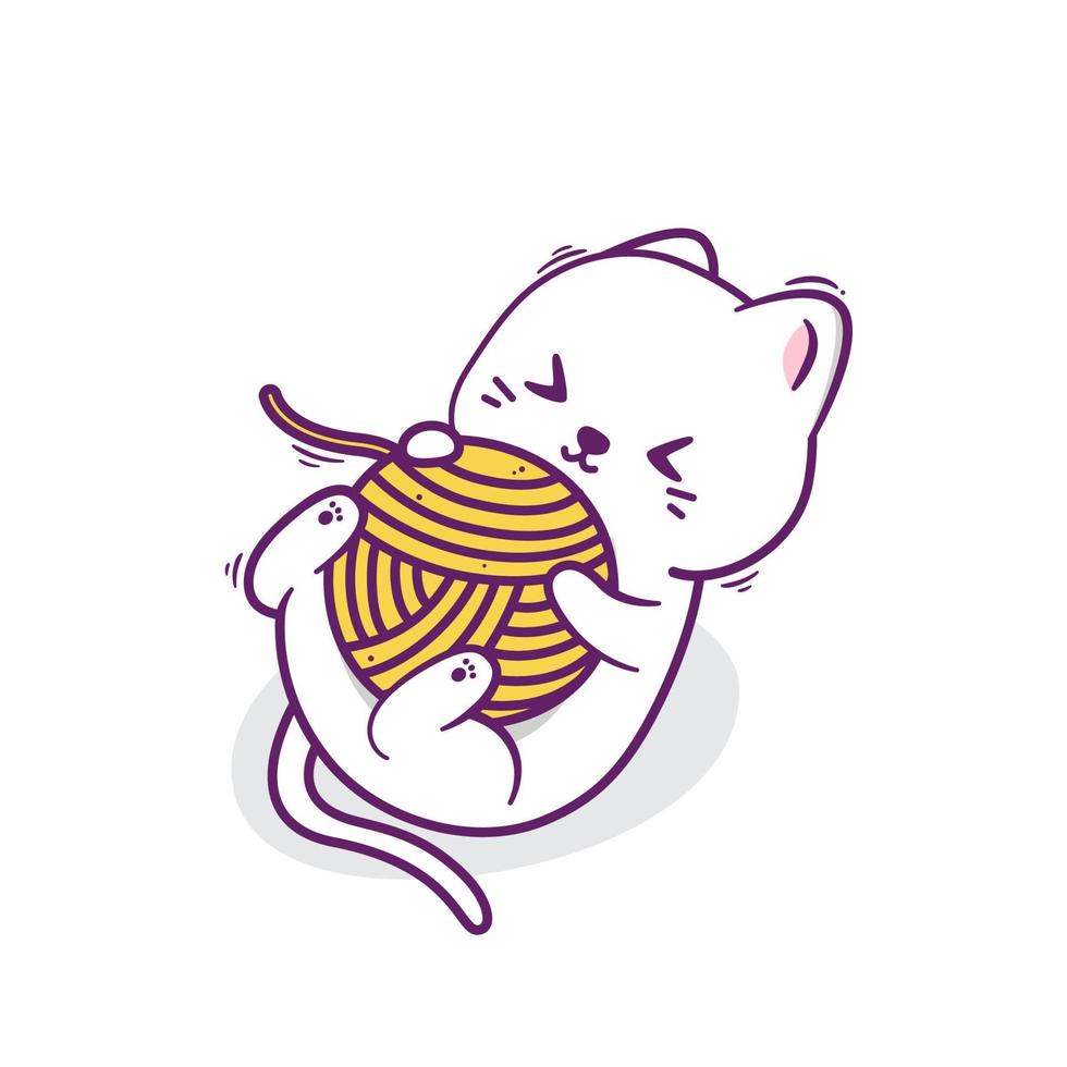 cute happy white  cat playing yarn ball vector