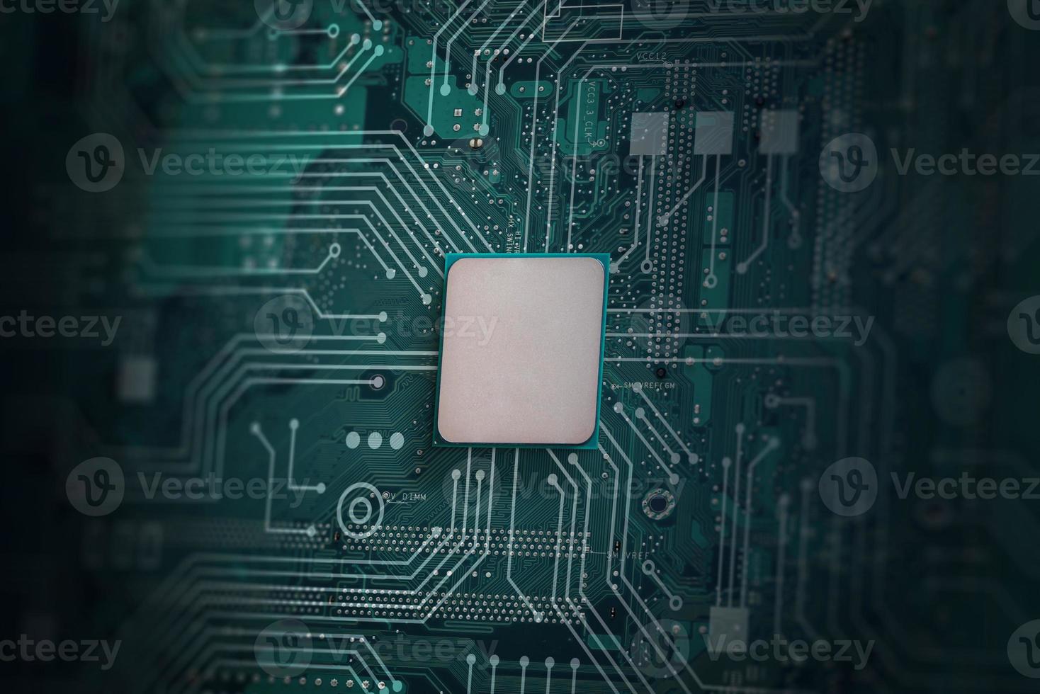 CPU chip and green motherboard with circuit lines. Tehnology concept photo