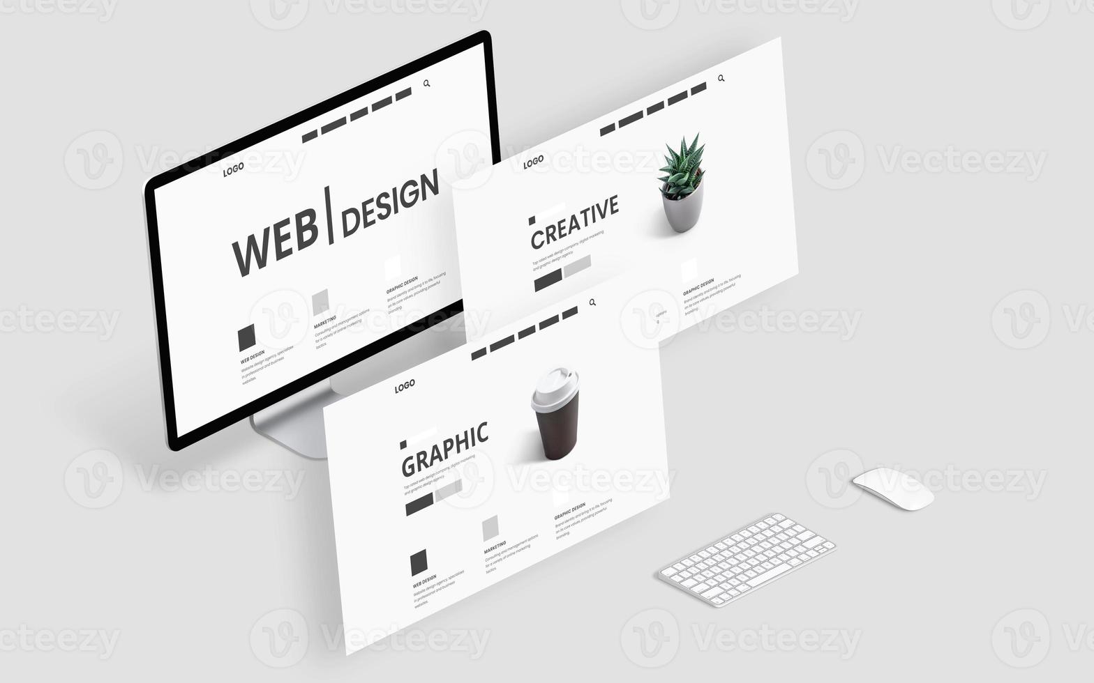 Web site flying layouts concept. Web design creative graphic studio desk photo