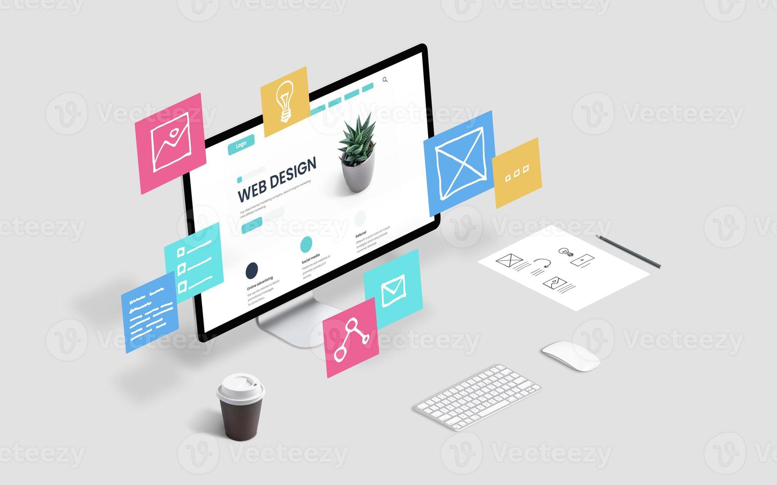 Creative web design studio with flying web page layout elements concept photo