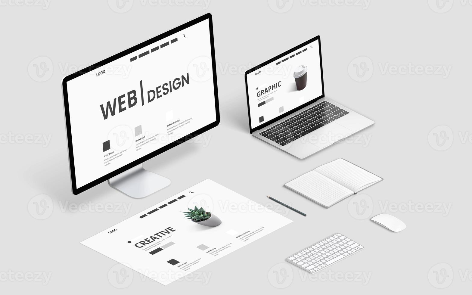 escritorio de estudio de diseño web isométrico con pantalla de computadora, computadora portátil y diseño de página conceptual foto