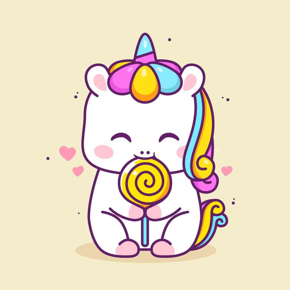 cute happy unicorn eating lolipop vector