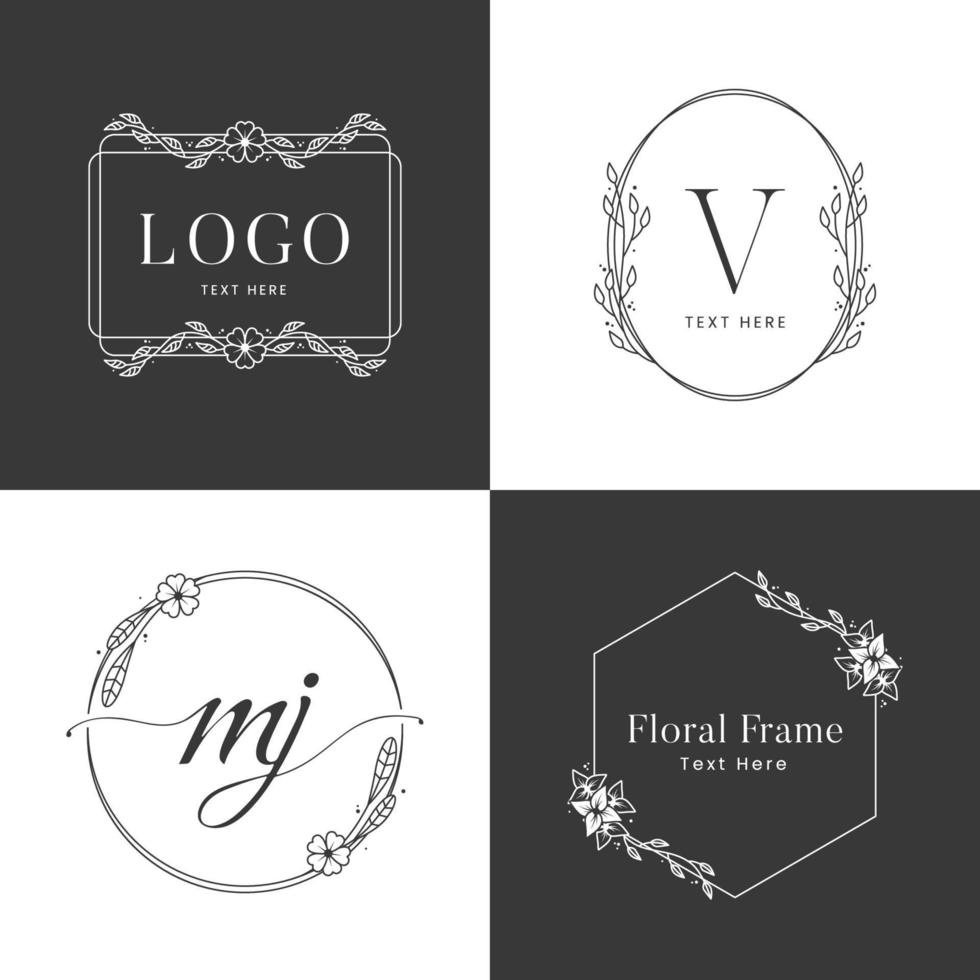 floral frame logo template in black and white vector