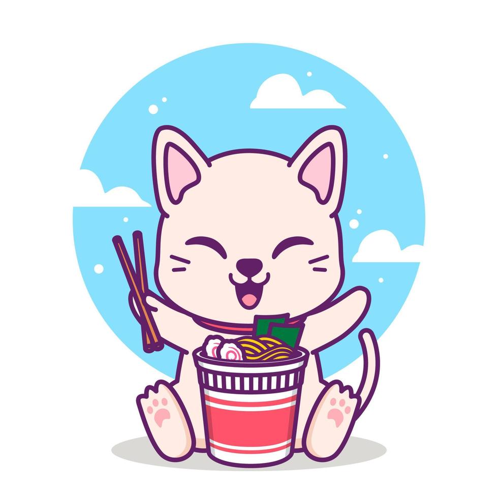 cute cat eating a cup of noodle vector