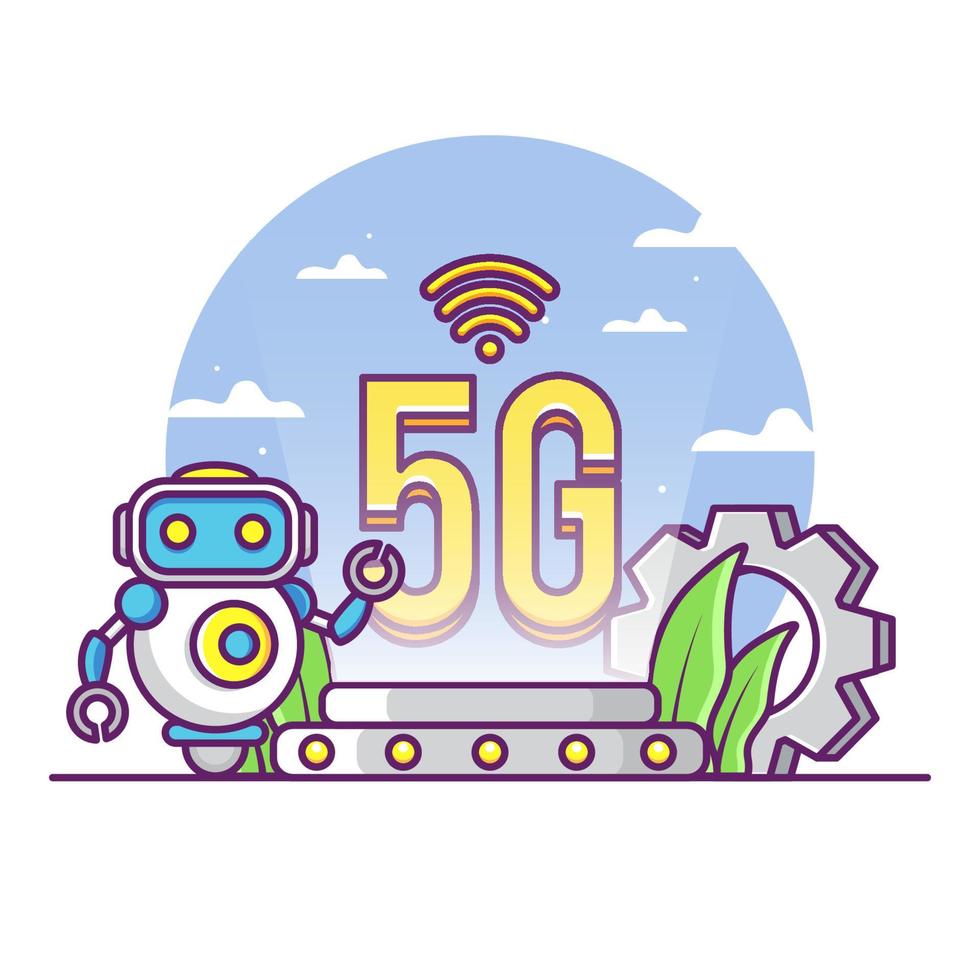 5G network illustration with cute robot vector