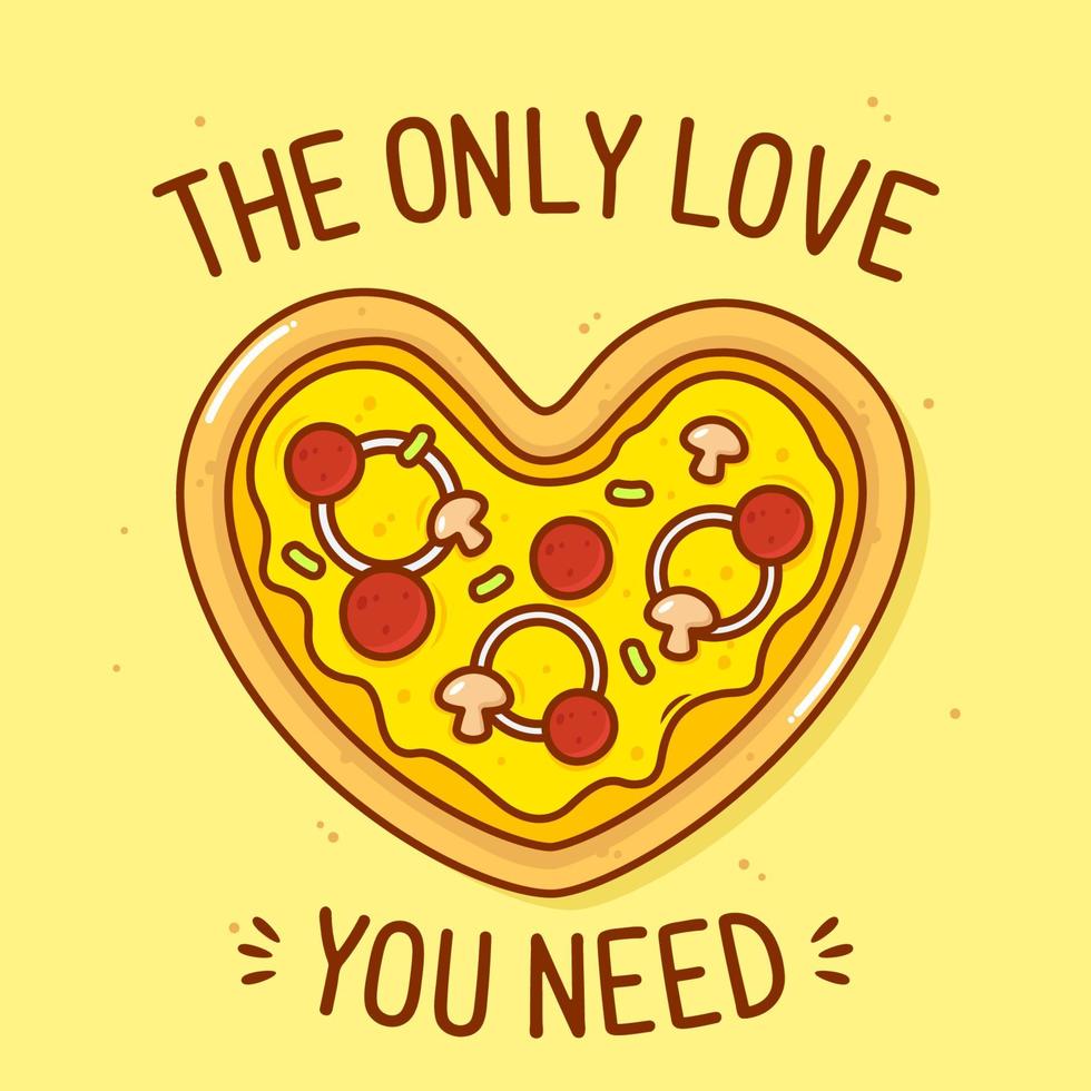 lindo corazón en forma de pizza con ilustración de texto vector