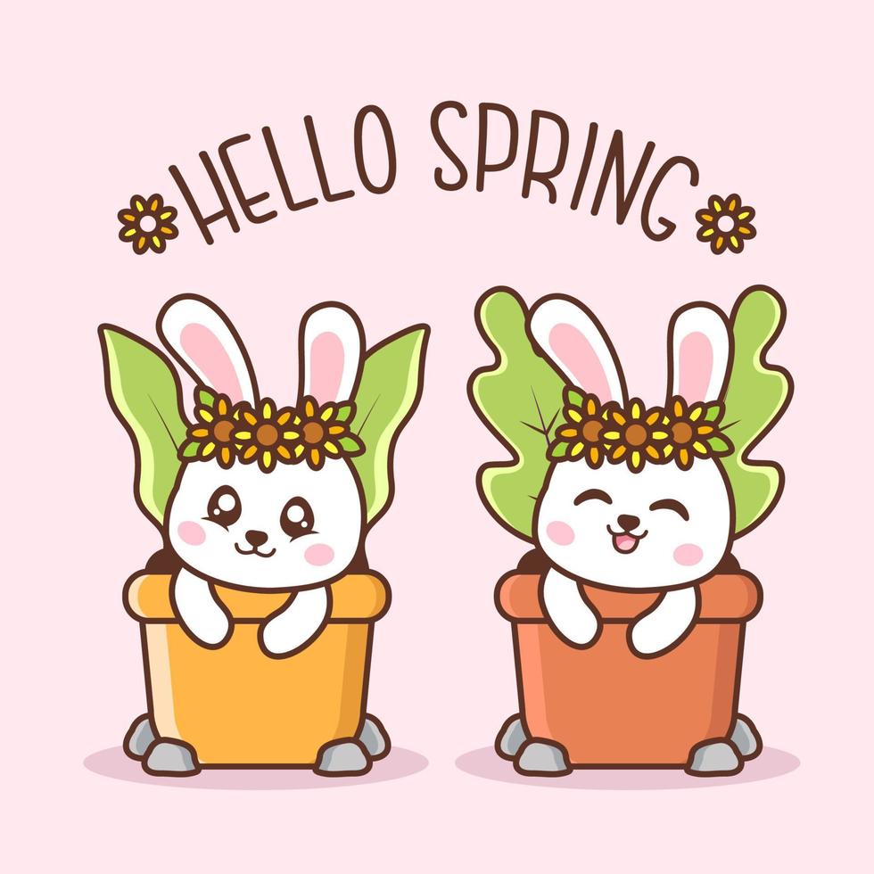 hello spring with cute rabbits inside pot vector