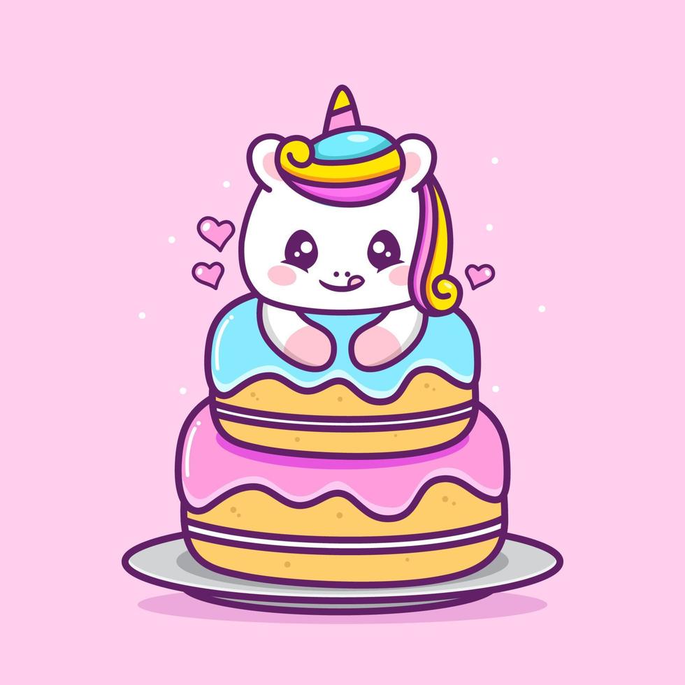 lindo unicornio feliz con pastel grande vector