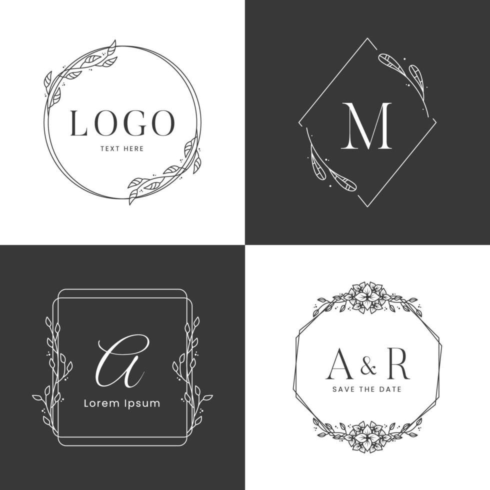 floral frame logo template in black and white vector