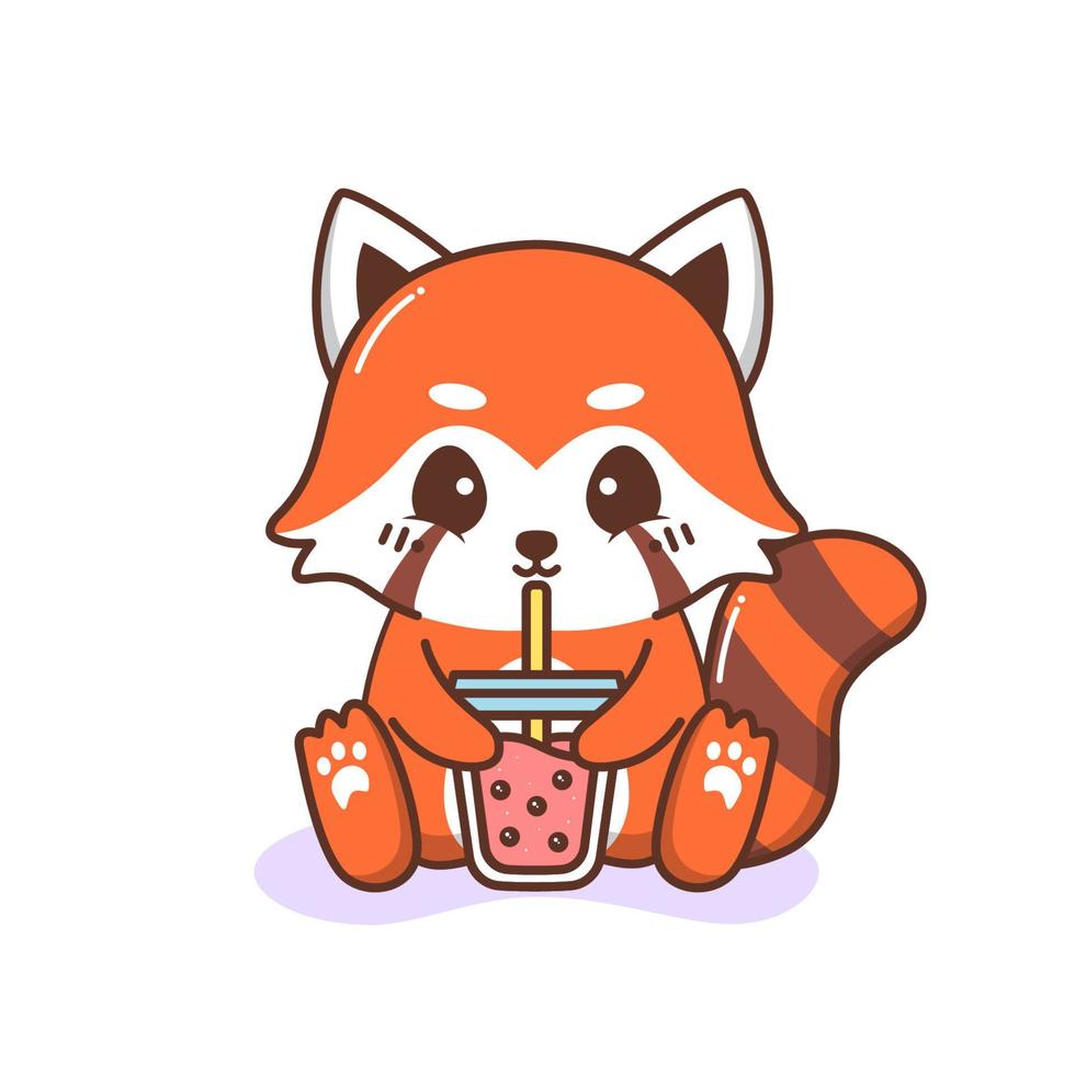lindo panda rojo feliz bebiendo té de burbujas vector