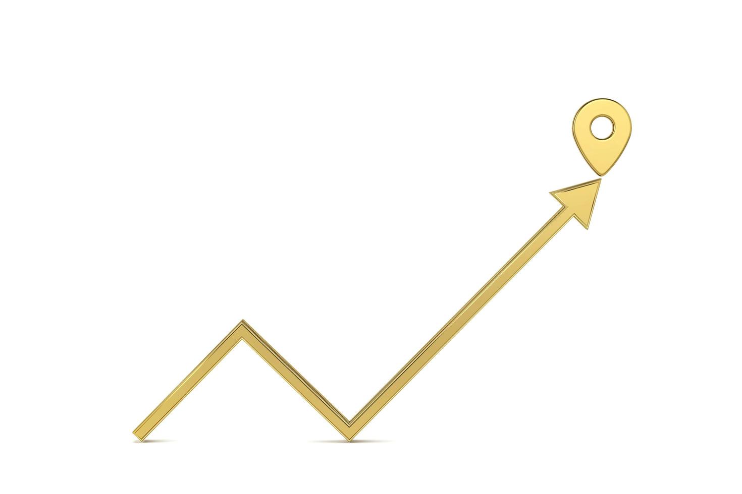 Front view of gold up arrow with gold map pointer 3d pin. Financial success and growth concept. 3D rendering photo