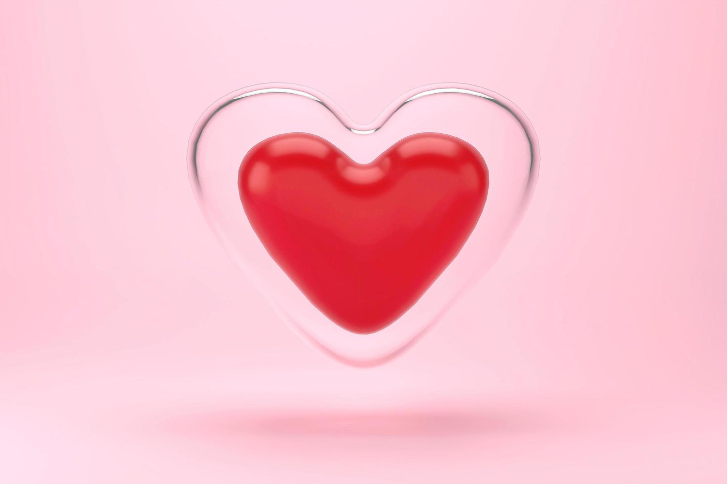 Small red heart that is covered by a large glass heart  isolate on pink background, 3D rendering photo