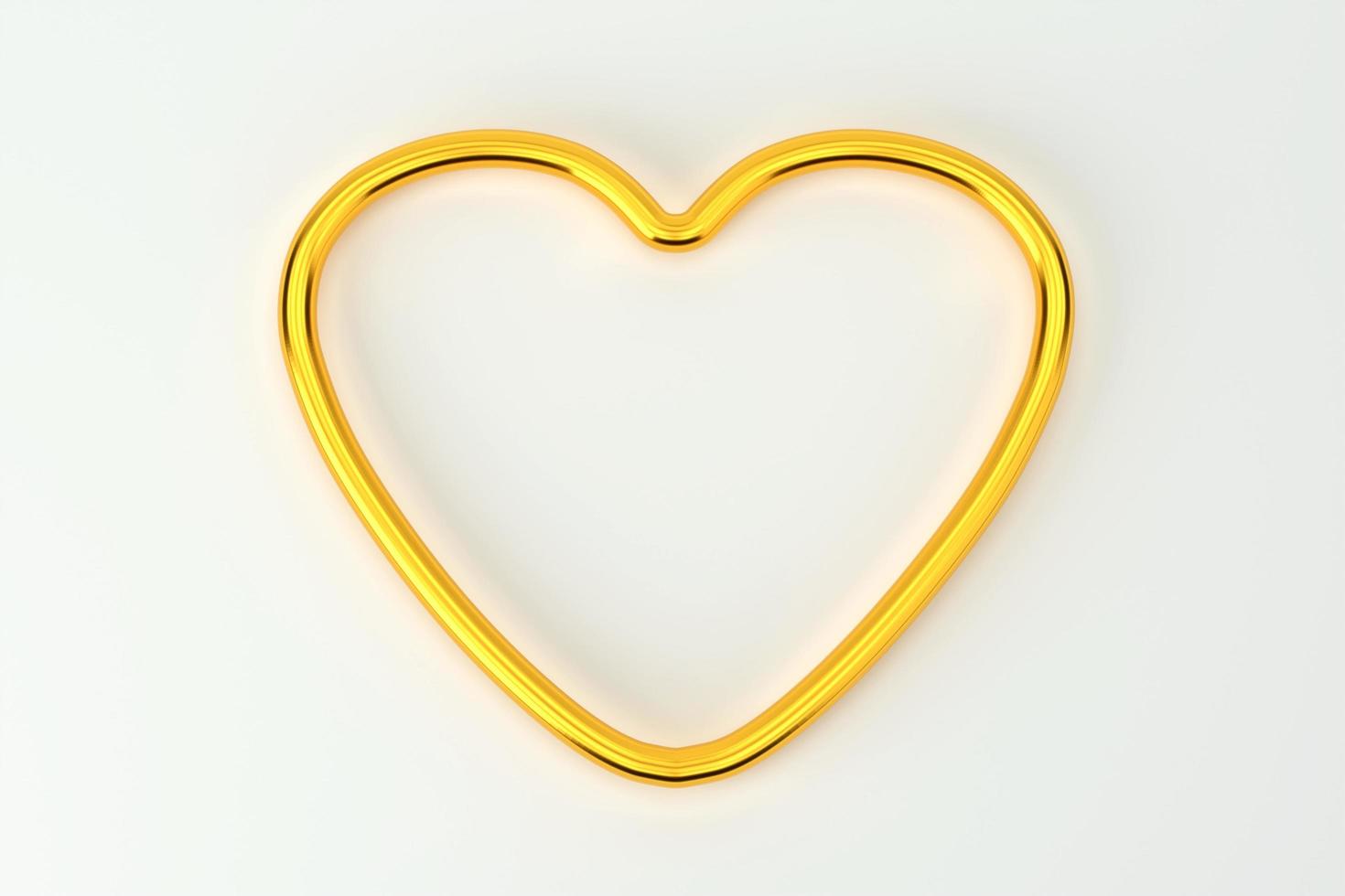 Top view of golden metal heart in the shape of a ring on white floor with copy space, 3d rendering photo