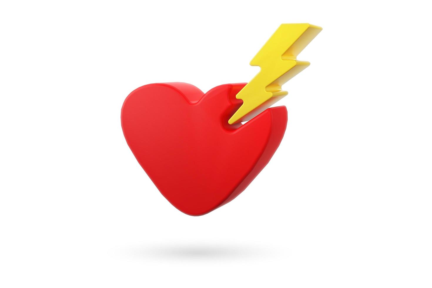 corazón rojo con relámpago amarillo aislado sobre fondo blanco, representación 3d foto