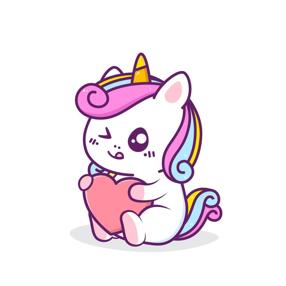 lindo unicornio abrazando un corazón vector