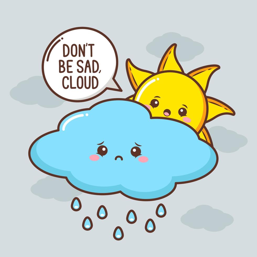 cute sun with cute sad cloud character vector