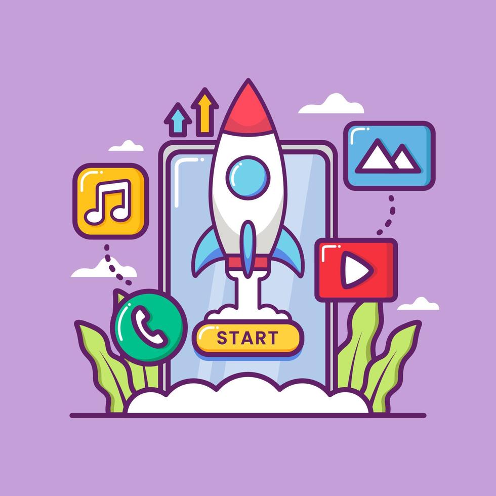 application launch with rocket and smartphone vector