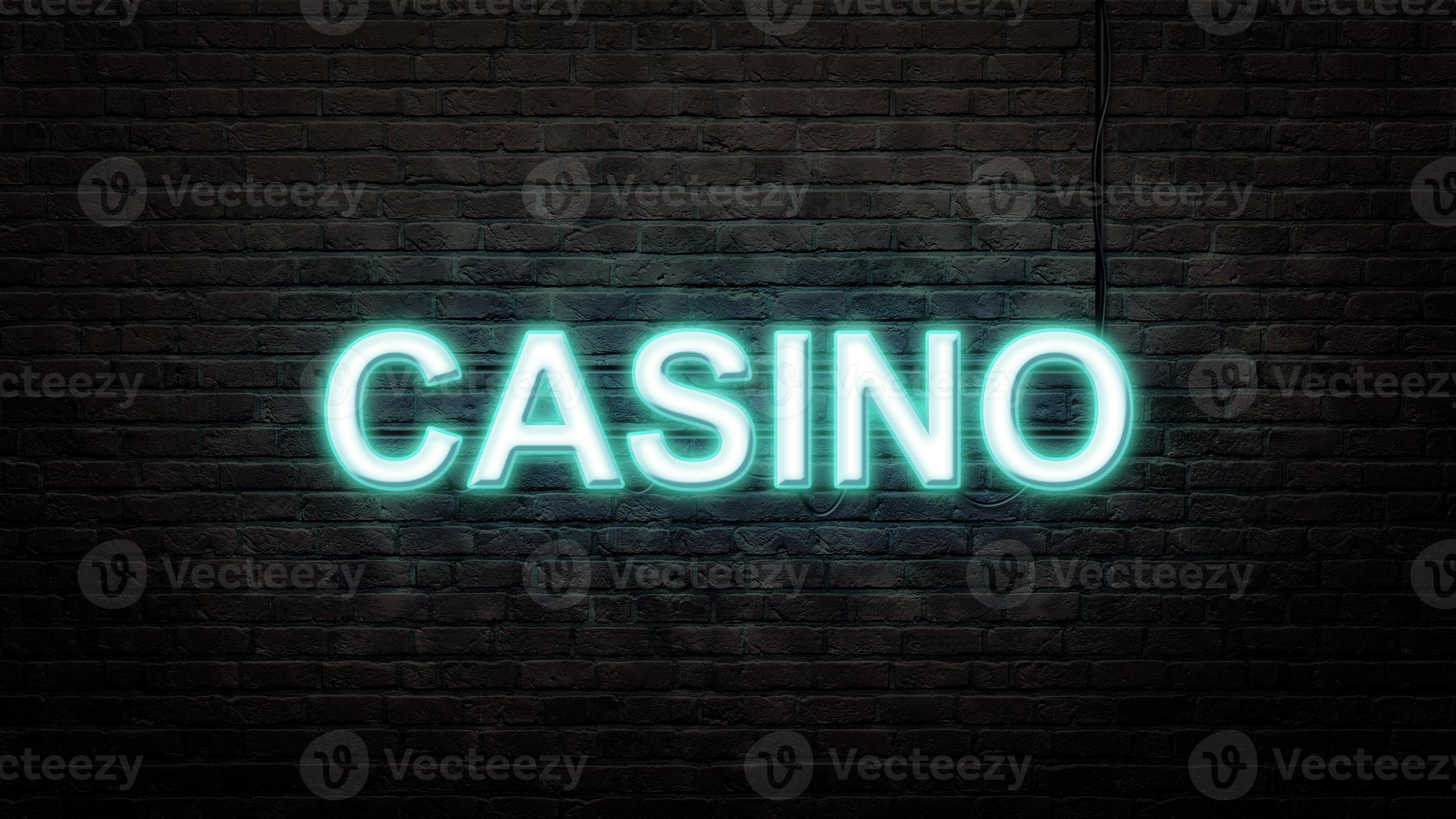 casino neon sign emblem in neon style on brick wall background 6879871