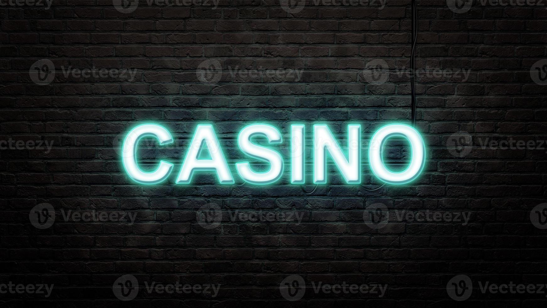 casino neon sign emblem in neon style on brick wall background photo