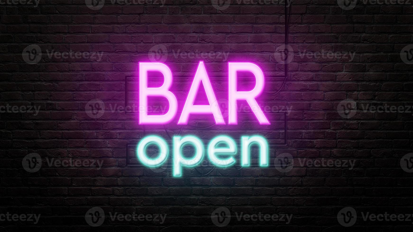 bar neon sign emblem in neon style on brick wall background photo