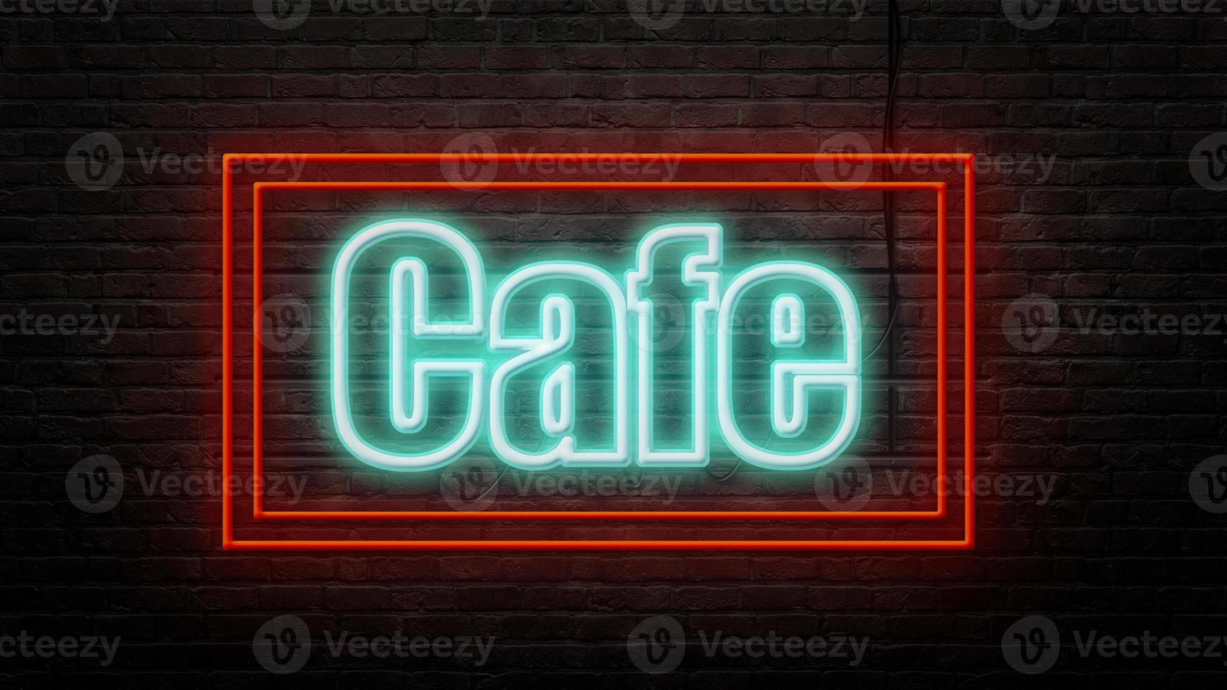 cafe neon sign emblem in neon style on brick wall background photo