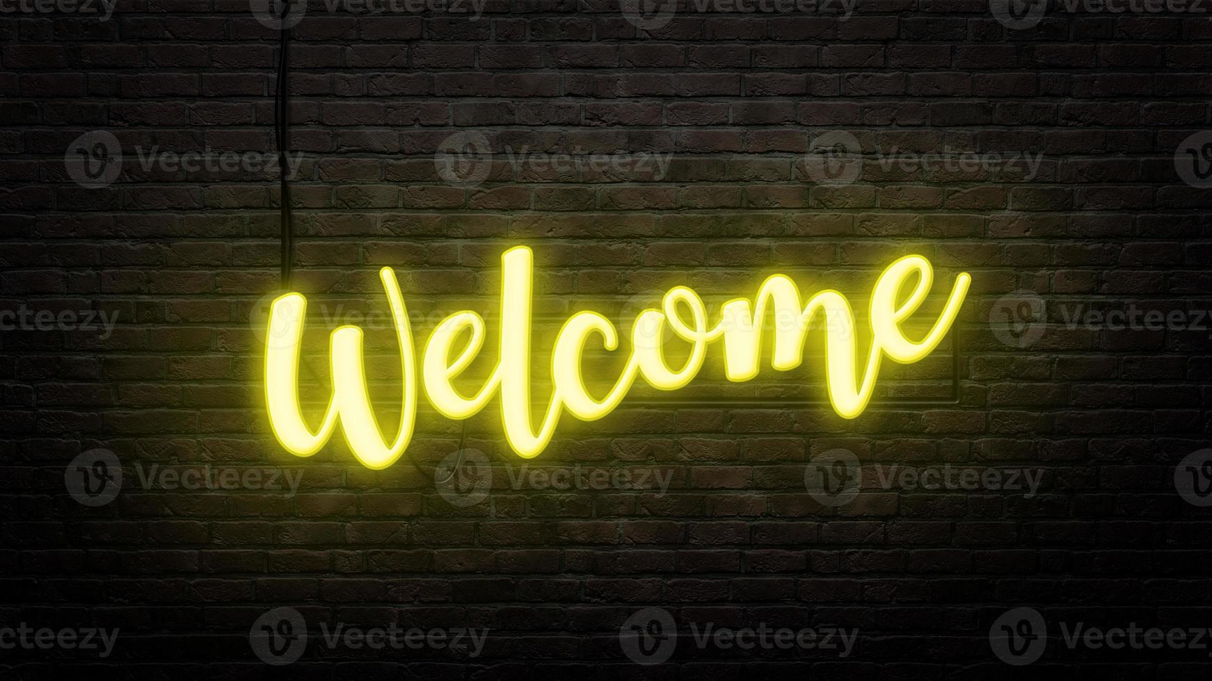 welcome neon sign emblem in neon style on brick wall background photo