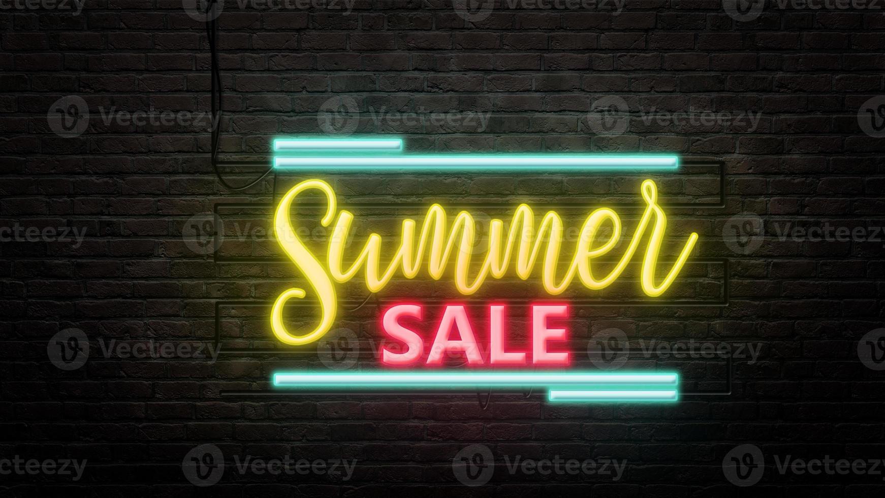 Summer SALE sign emblem in neon style on brick wall background photo