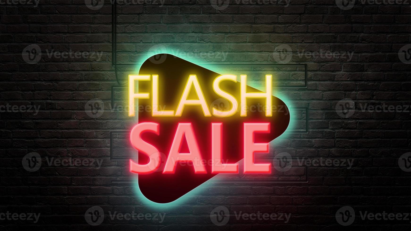 Flash sale sign emblem in neon style on brick wall background photo