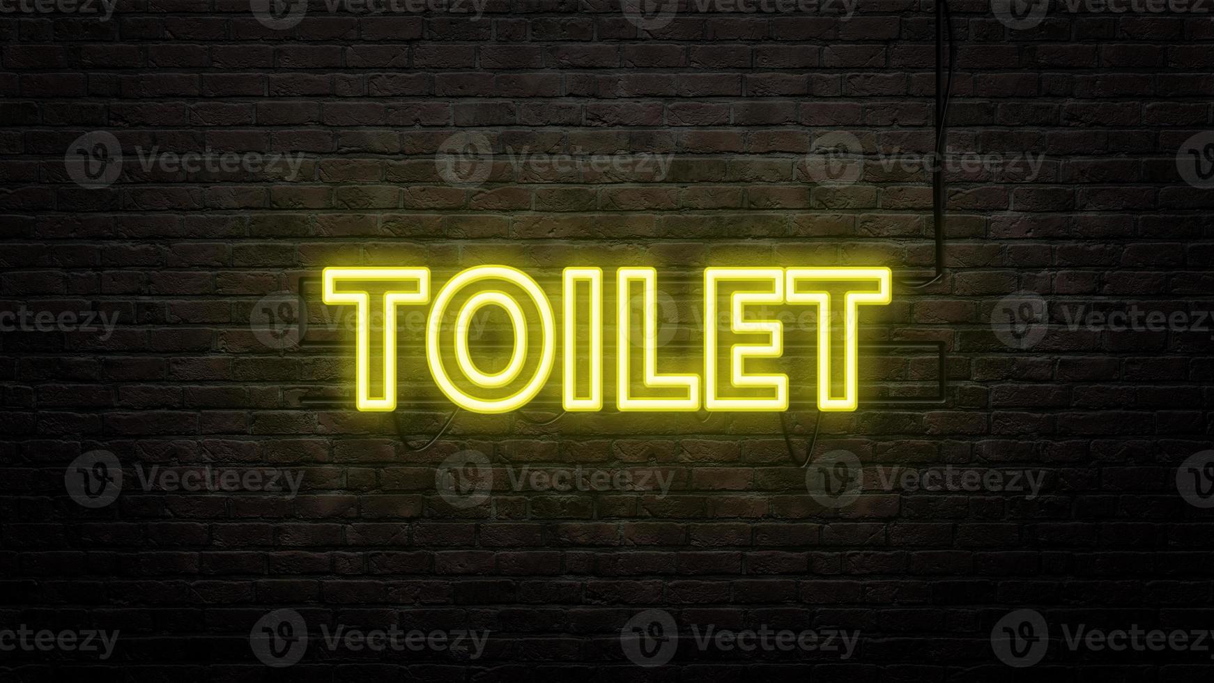 toilet sign emblem in neon style on brick wall background photo