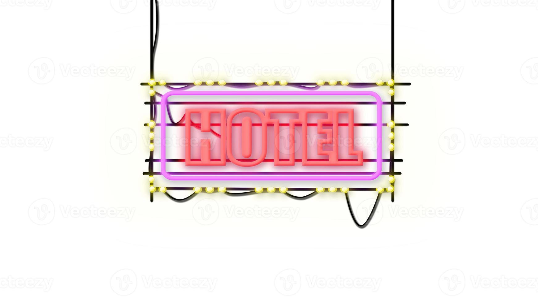 hotel sign emblem in neon style on brick wall background photo